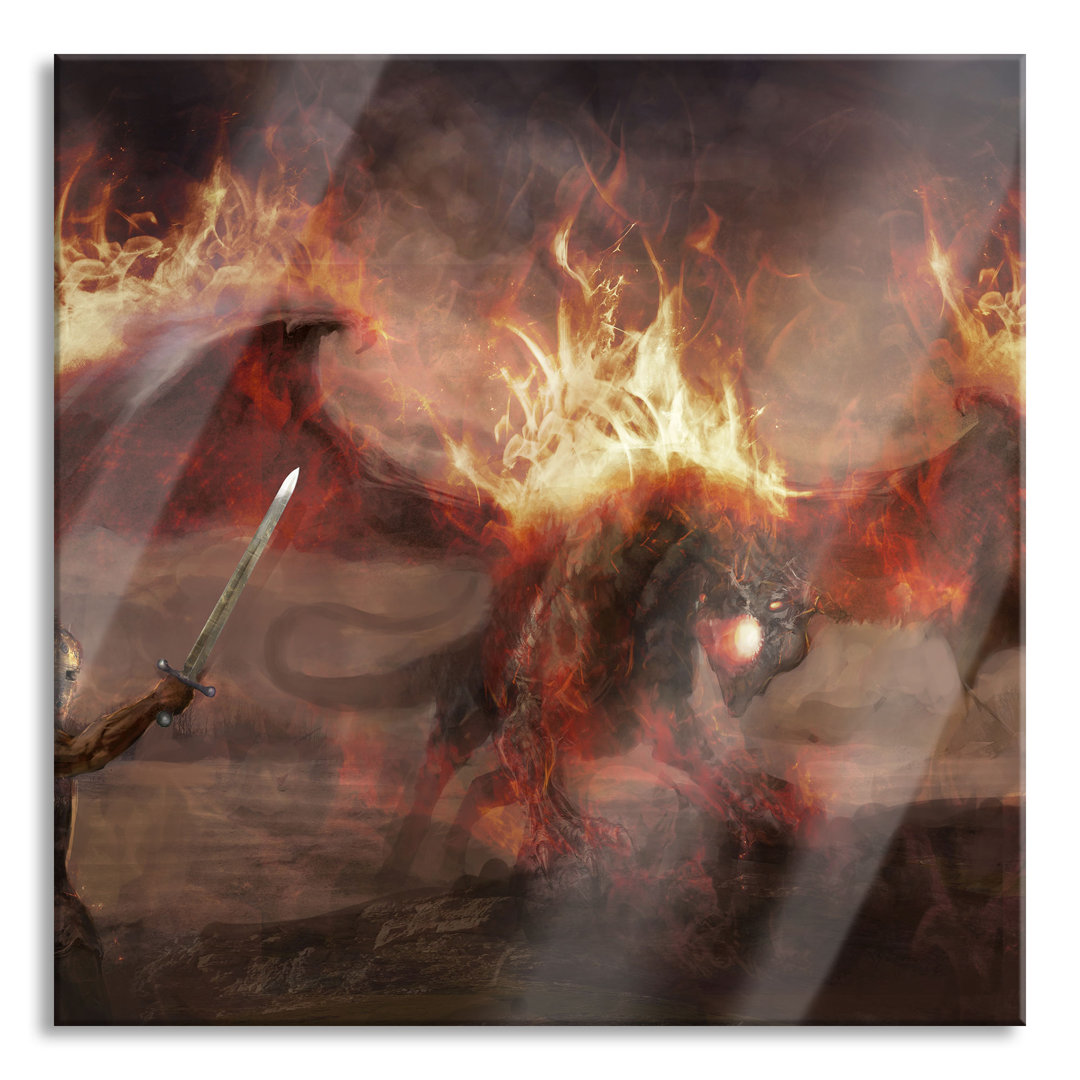 Glasbild Ritter, Drachen, Feuer