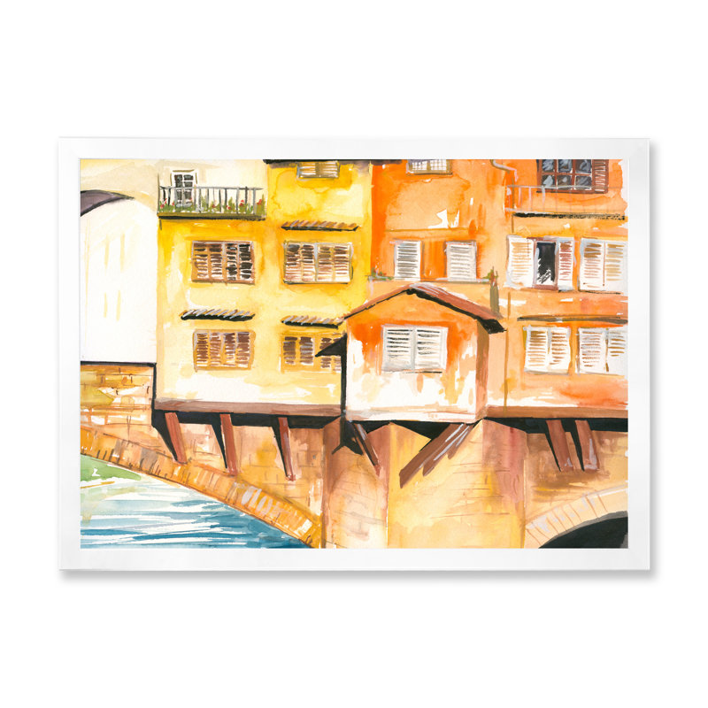 Petite maison sur le pont - peinture sur toile, H 16 po x l 32 po, Cadre photo blanc