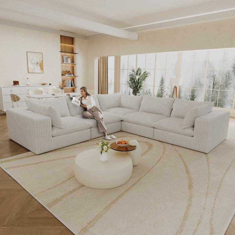 Nuage de velours côtelé blanc de 118,2 po, 5 sièges, fabrication à deux couches, coussin amovible, sans assemblage, bricolage pour le salon et la conférence, rembourrage en mousse souple, compression à haute densité pour économiser de l'espace