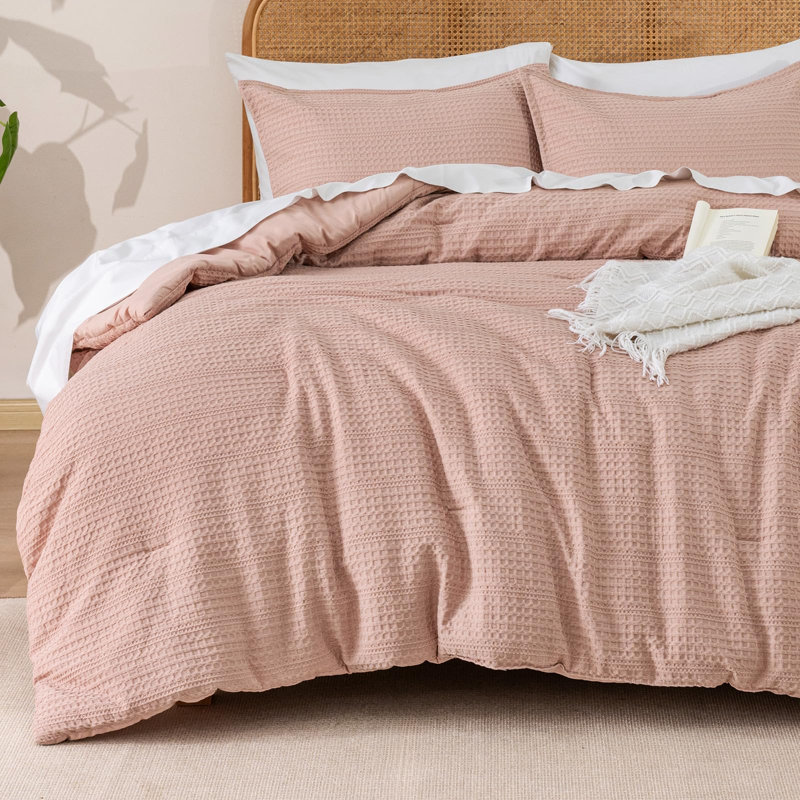 PHF Soft Waffle Comforter Set, Comfy Breathable Lightweight Textured Waffle Weave Comforter Bedding Set, Rose Pink