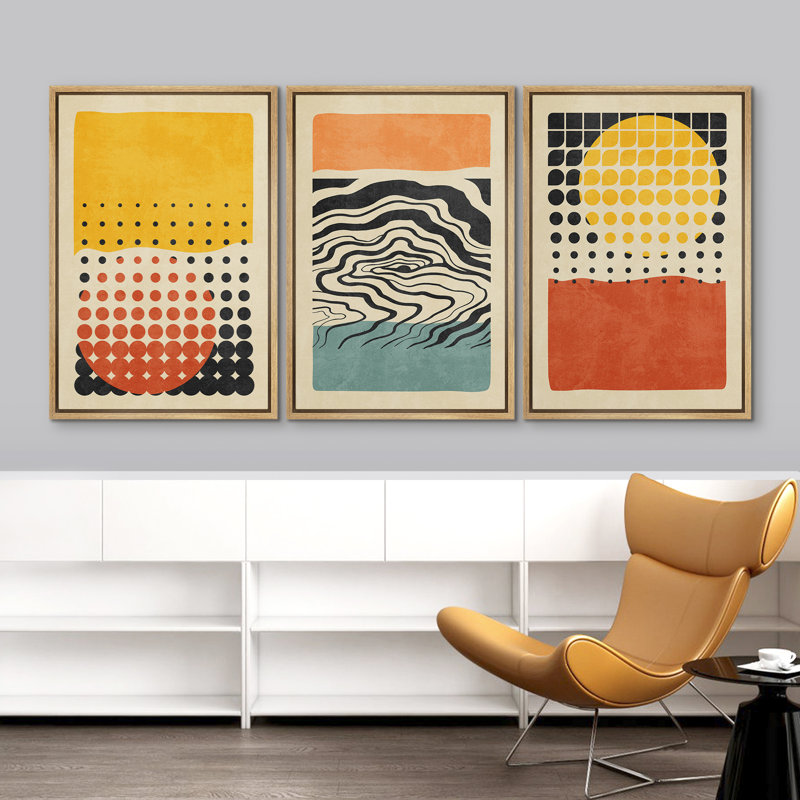 «Abstract Vibrant Color Blocks» Mid-Century Colorful Polygon Collage Abstract Geometric - 3 pièces, ensemble d'art graphique sur toile flottante