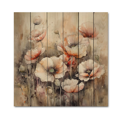 Red Peonies Blooms III - Floral Peony Print on Natural Pine Wood
