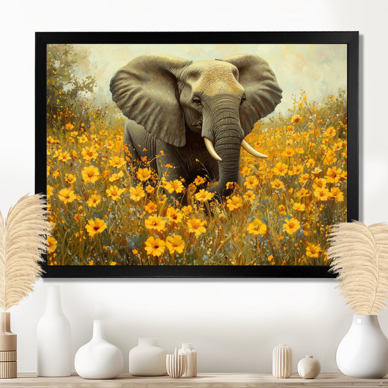 Éléphant de Gulbranson dans les prairies fleuries - éléphant, art mural grand, Reproduction encadrée d'une seule photo, Noir