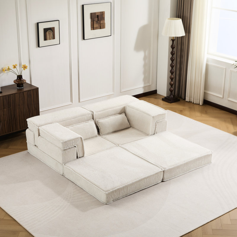 Canapé d'angle modulaire sans os à monter soi-même - Lit convertible Mahjong à compression, revêtement en polaire circulaire, rembourrage en mousse à mémoire de forme haute densité, blanc, aucun assemblage requis, style convertible, housse incluse.