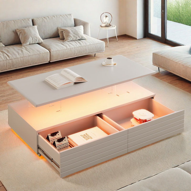 Modern Rectangular Coffee Table With Led Lights, 2 Drawers And Open Storage Shelf, White