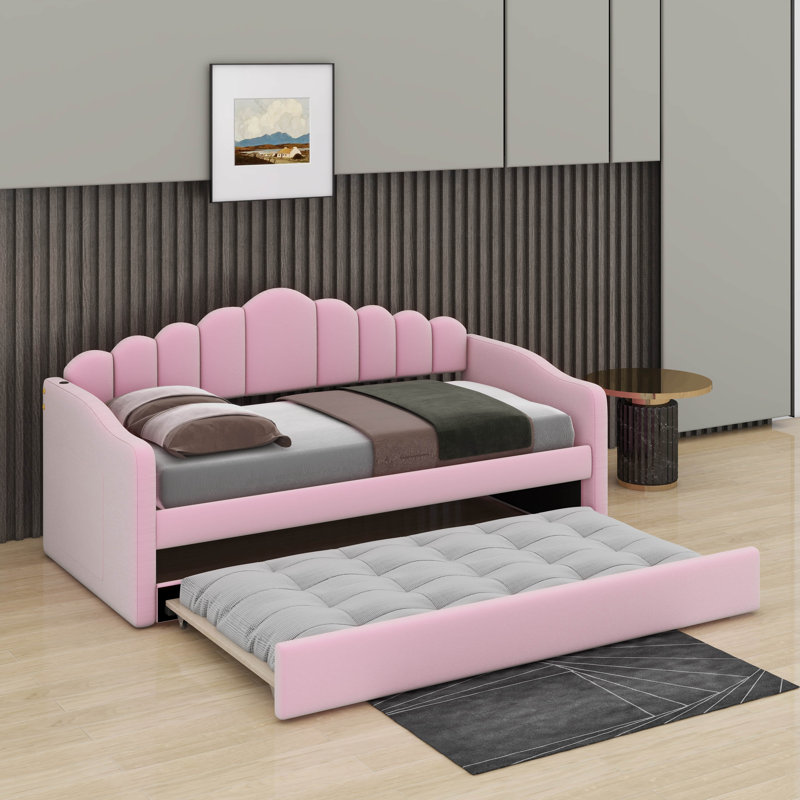 Twin Size Day Bed With Trundle Velvet Upholstered Sofabed Frame, USB Charging Ports
