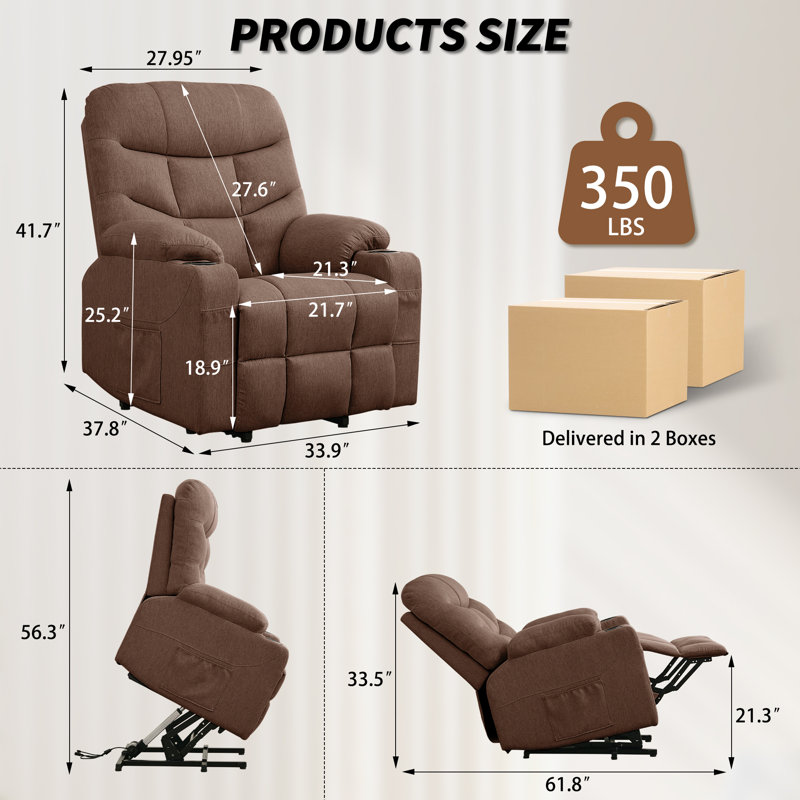 KORSER Power Lift Recliner, Electric Lift Chair With Heated Vibration Massage, Cup Holders, Side Pockets, Brown