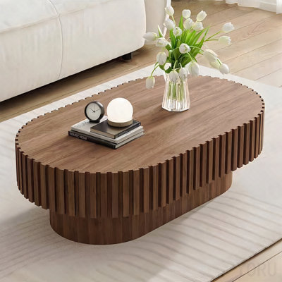 Table basse ovale cannelée 43,1 "- Piédestal, bois classique - Noyer