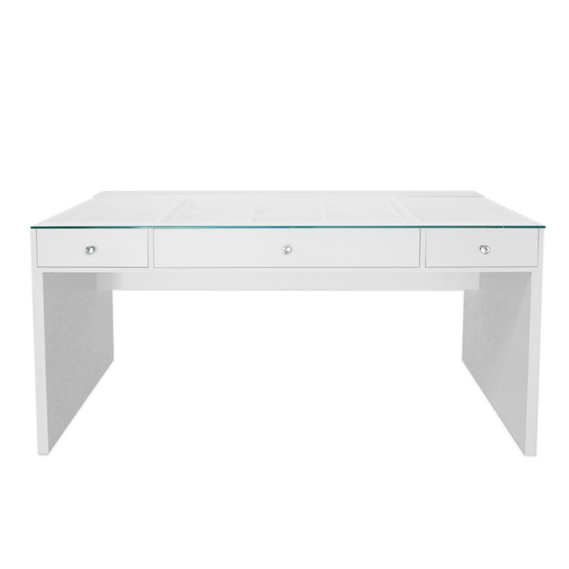 SlayStation Naomi Vanity Table with Glass Tabletop, 4 Drawer Units Bundle Makeup Desk with Clear View Glass Top, White
