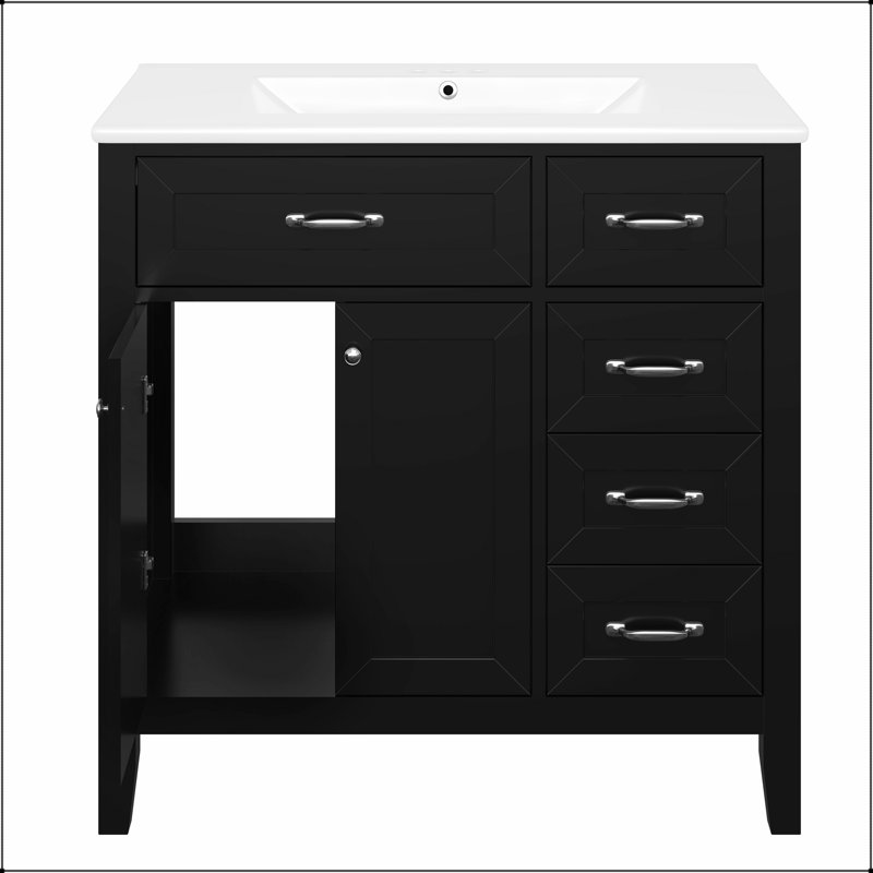 Meuble-lavabo noir de 36 pouces avec lavabo, structure solide, panneau de fibres à densité moyenne et beaucoup de rangement pour les salles de bain modernes