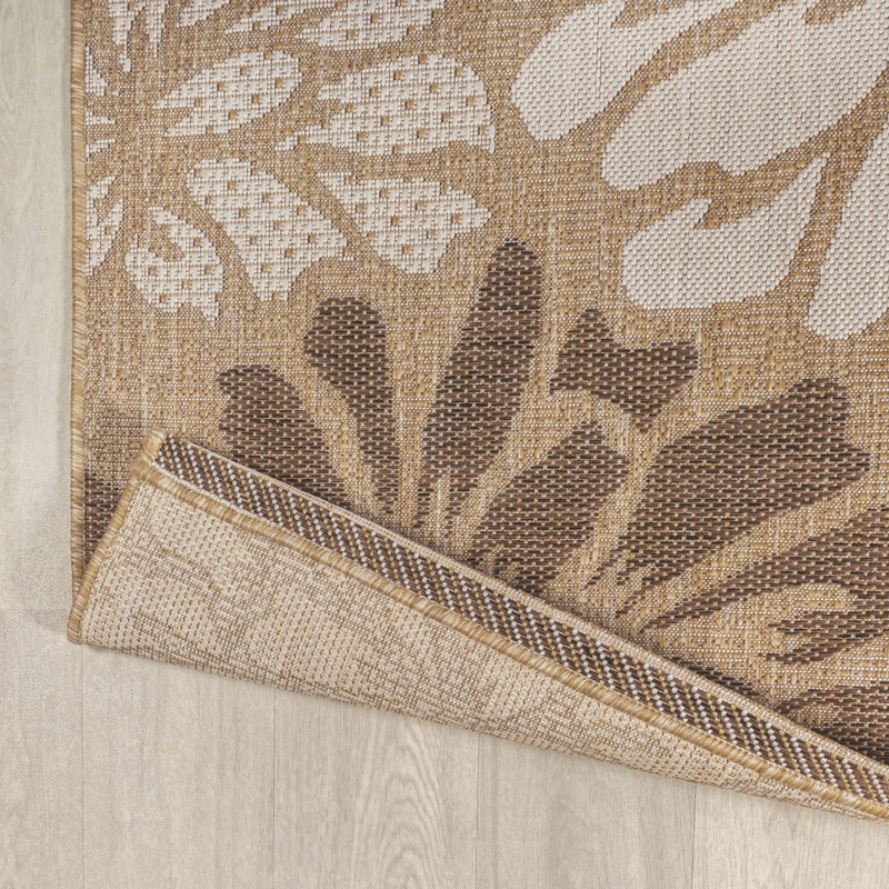 Zinnia Modern Floral Textured Weave Brown/Cream Indoor/Outdoor Rug, Octagon 5'3"