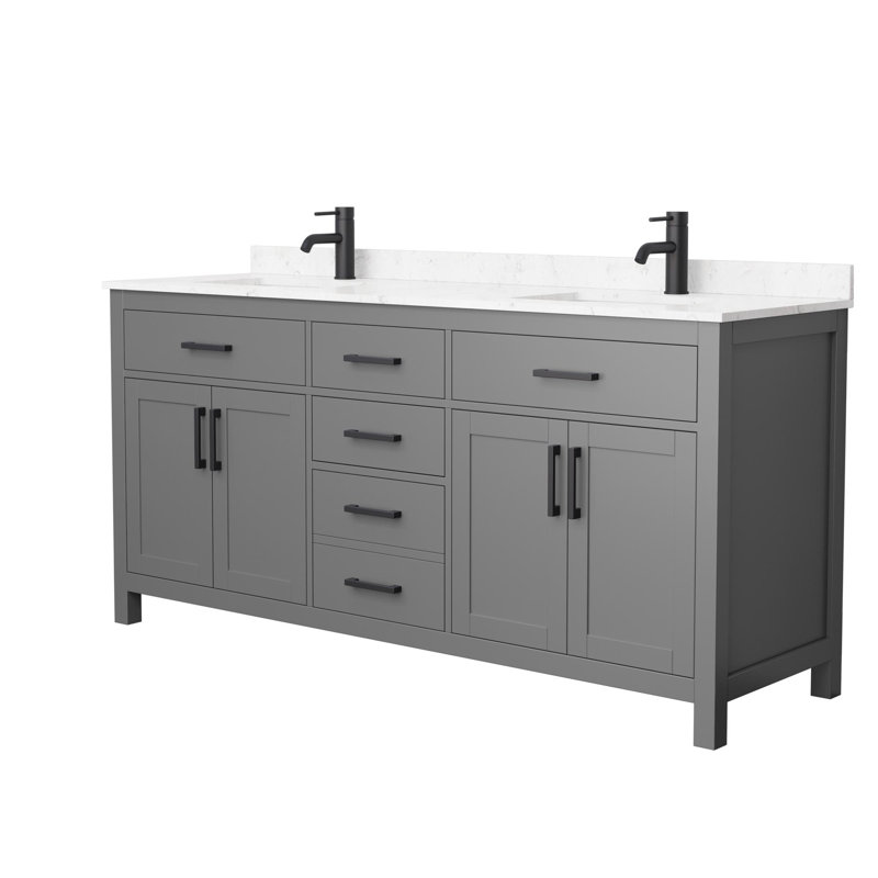 Beckett 72" Freestanding Double Bathroom Vanity with Cultured Marble Top, Dark Gray, Carrara Cultured Marble, Matte Black
