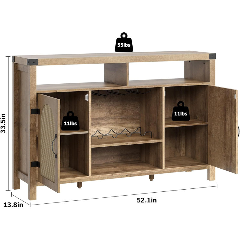 Wine Cabinate, 52.1" Rattan Farmhouse Liquor Cabinet With Wine Racks, Boho Sideboard Buffet Cabinet With Storage, Coffee Bar Cabinet For Home Living Dining Room Entryway, Natural