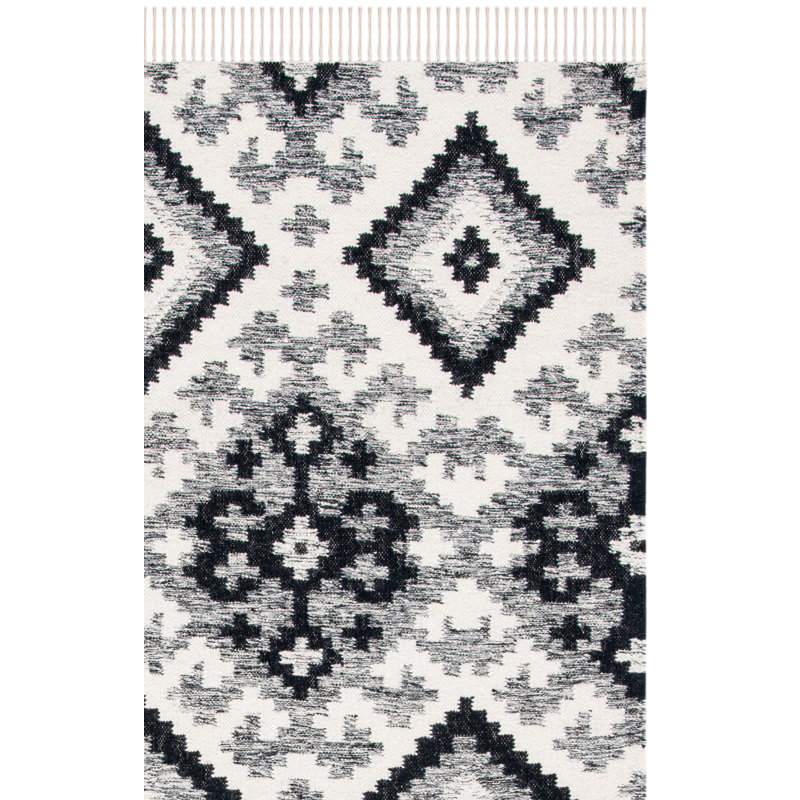Kilim Hand Loomed Wool/Cotton Southwestern Rug in Black/Ivory, Rectangle 4' x 6'