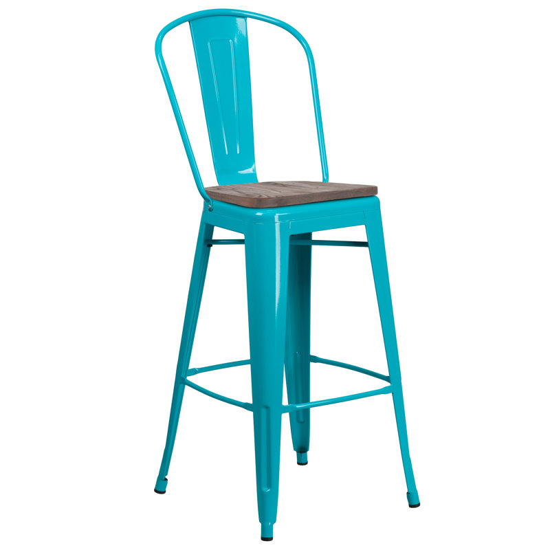 Tabouret de bar ou de comptoir en métal Marian avec dossier et siège en bois Marian, Sarcelle / Bleu, 1