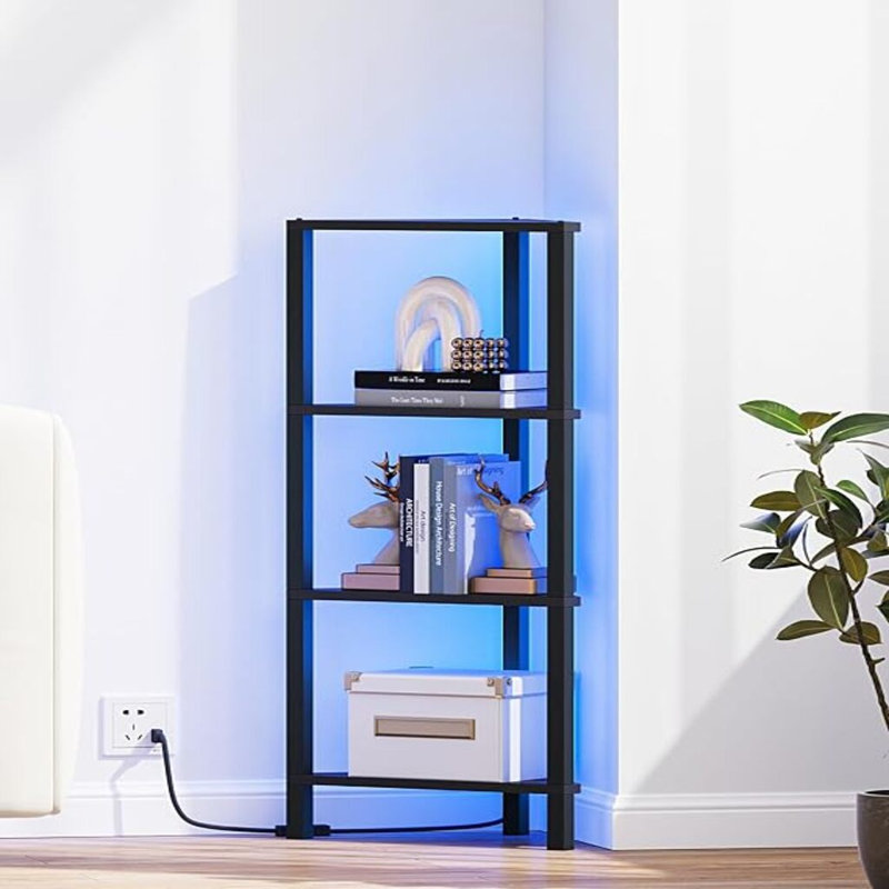 Corner Shelf with LED Light, 4-Tier Corner Bookshelf for Small Space, Narrow Display Corner Shelf Stand
