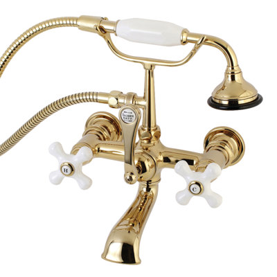 Kingston Brass Aqua Vintage Three-Handle 2-Hole Tub Wall Mount Clawfoot Tub Faucet with Hand Shower