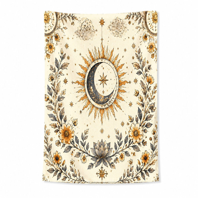 1pièce tapisserie céleste soleil-lune, avec des motifs mystiques et des ornements floraux étoilés. Décoration murale de style bohémien, parfaite pour le salon, la chambre à coucher, le dortoir, un jeté de plage, un décor bohème.