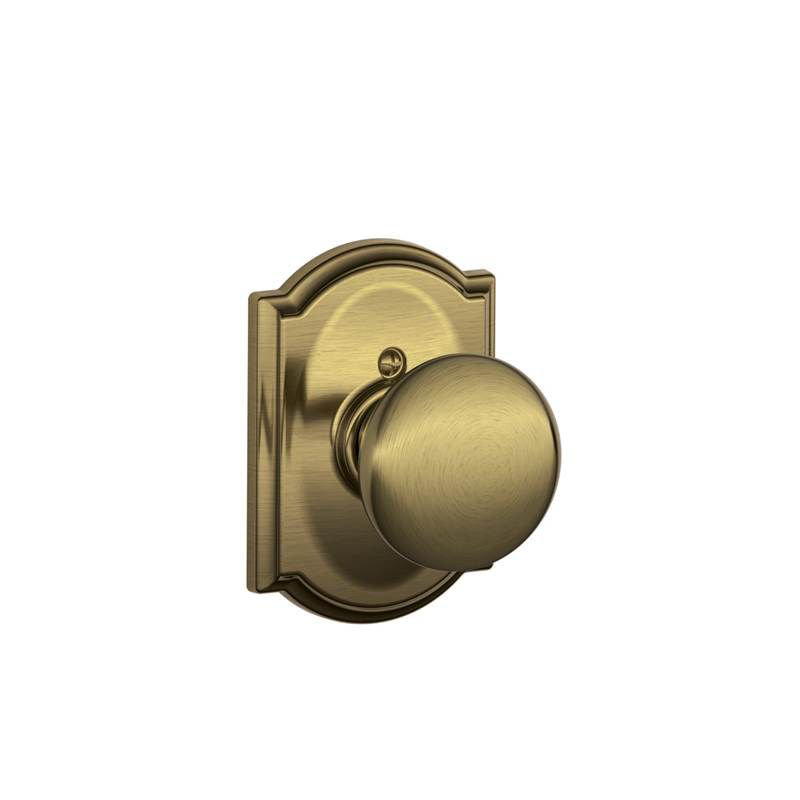 Plymouth Knob with Camelot Trim Non-Turning Lock, Antique Brass