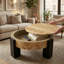 Table basse 33 po ronde avec rangement en bois de ronce, table basse moderne à compartiments cachés, table d'appoint robuste à 3 pieds pour le salon, petite pièce