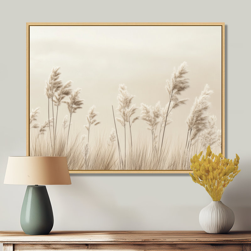«Minimal Grass Horizon Meadows II», art mural beige, H 24 po x l 32 po, Cadre naturel flottant
