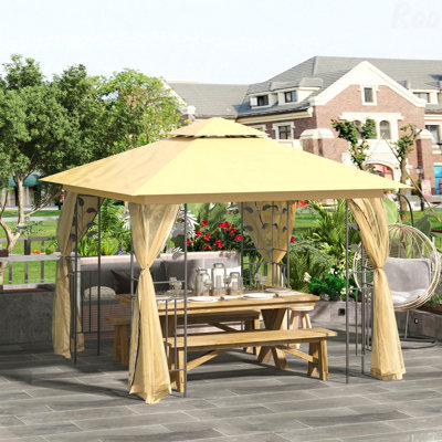 10X10FT Gazebo Metal, Mosquito Net For Garden Use With Double Roof & Tree Motifs (Beige)