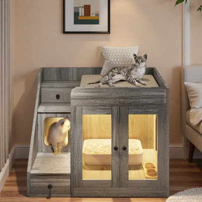 Cat Litter Box Enclosure With Light, 2 Storage Drawers And Cozy Cat House