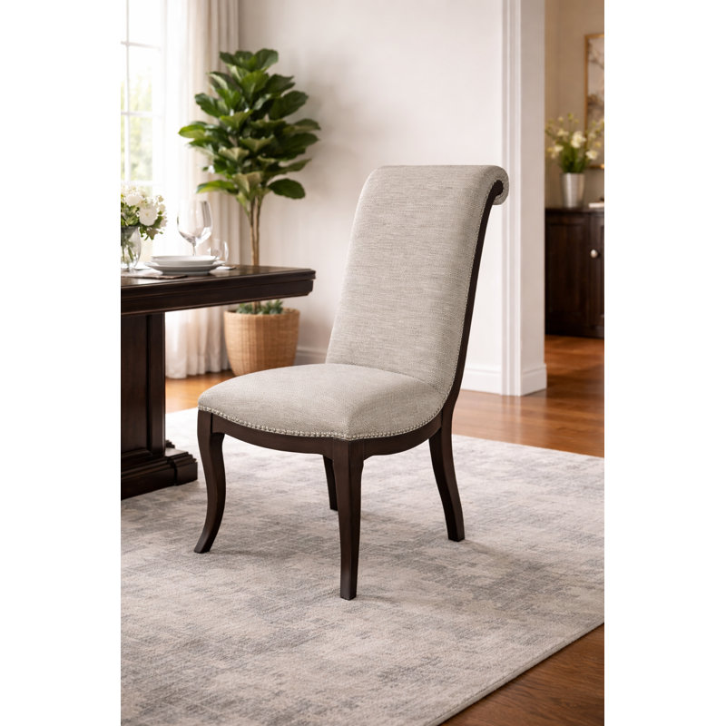 Dows 19.5" Upholstered Side Chair — Scroll-Back · Nailhead Trim · Espresso Cabriole Legs