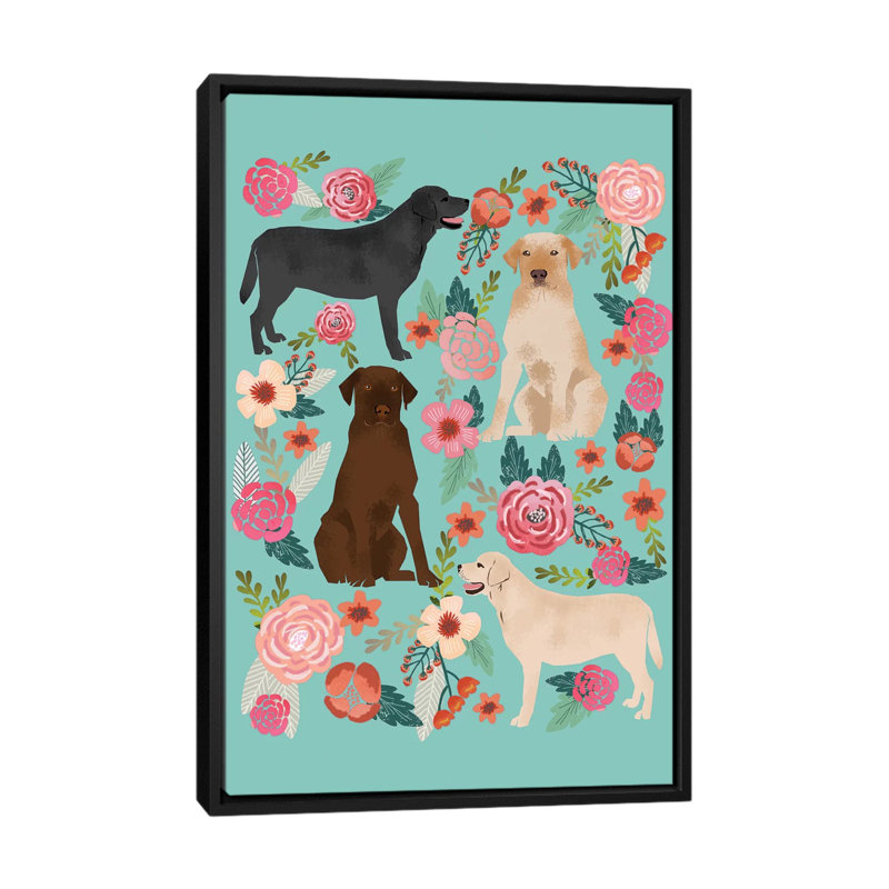 Collage floral labrador, impression sur toile tendue, H 60 po x l 40po x P 1,5 po, Toile avec cadre noir, Pas de tapis