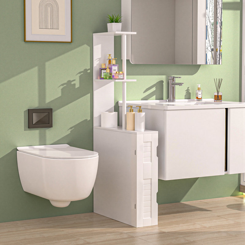Armoire de rangement haute pour salle de bain, tour à linge autoportante avec tablette à 2 niveaux et armoires, organisateur de plancher étroit pour petits espaces