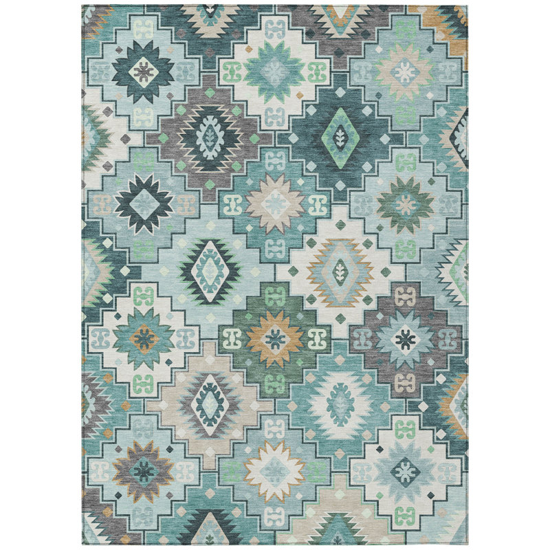 Tapis bleu sarcelle lavable 10 pi x 14 pi bleu sarcelle et ivoire Southwestern