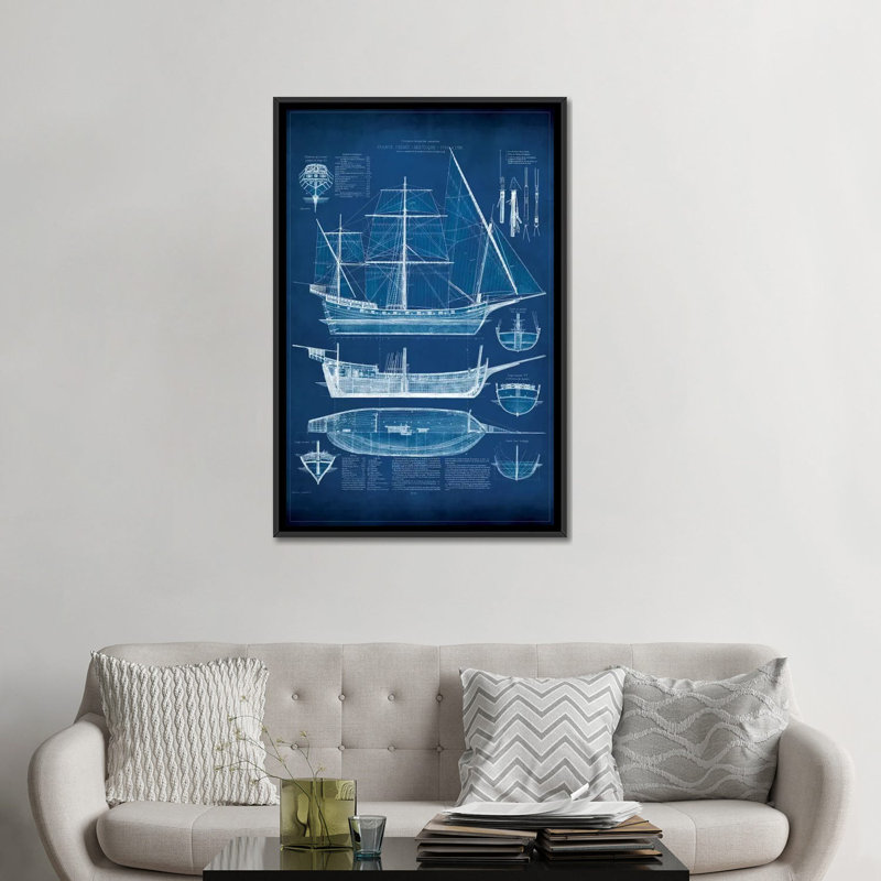 Breakwater Bay «Antique Ship Blueprint I», impression sur toile tendue, H 26 po x l 18 po x P 1,5 po, Toile avec cadre noir