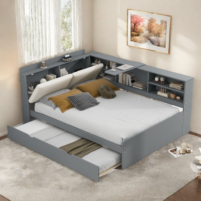 Daybed With Trundle, Storage Shelves, Upholstery Headboard And Rotatable Storage Board, Gray, Full/Double