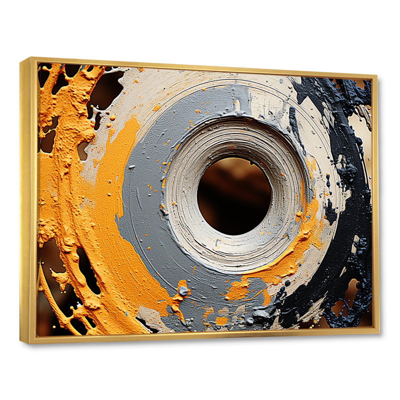 Spirale de pierre moderne gris et jaune - art abstrait spirales murales, Cadre flottant doré, H 34 po x l 44 po x P 1,5 po