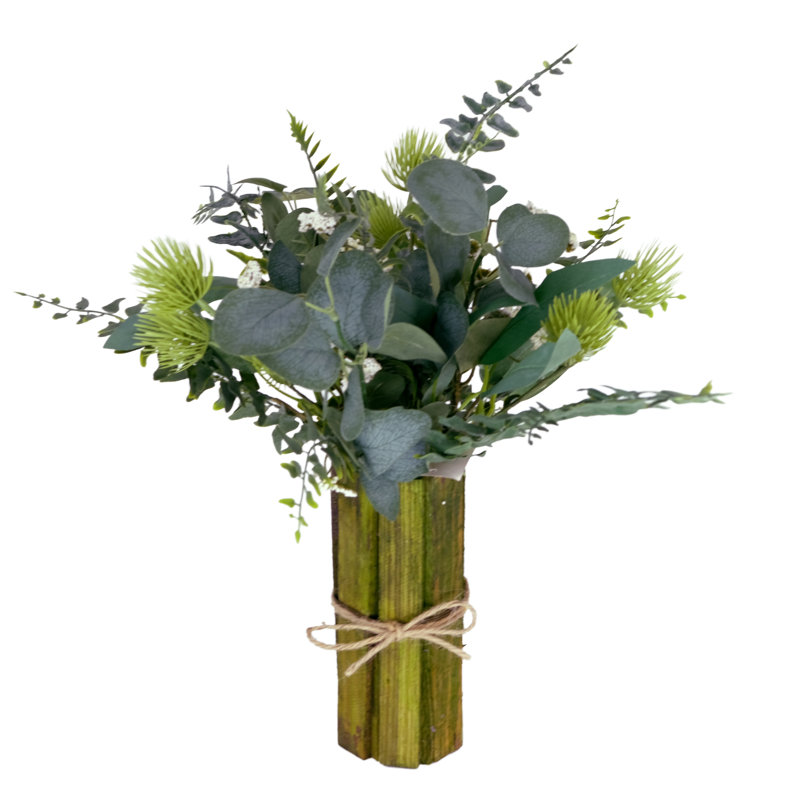 16'' Faux Flowering Plant in Wood Vase