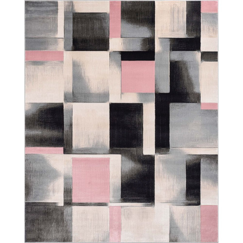 Cillan Modern Geometric Boxes 3D Textured Rug, Rectangle 9'3" x 12'6", Blush Pink