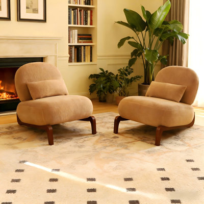 Mignon fauteuil d'appoint avec pieds en bois massif, fauteuil de salon avec coussin en tissu doux, fauteuil de chambre confortable, fauteuil de lecture confortable sans accoudoirs pour appartement, salle d'attente, balcon, ensemble de 2 (chameau)
