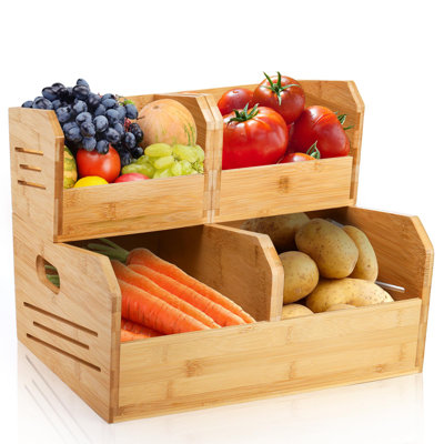 2 Tier Bamboo Stackable Storage Bins, Potato And Onion Storage Baskets, Pantry Organizer Holder With Handle, Open Front Kitchen Fruit Containers