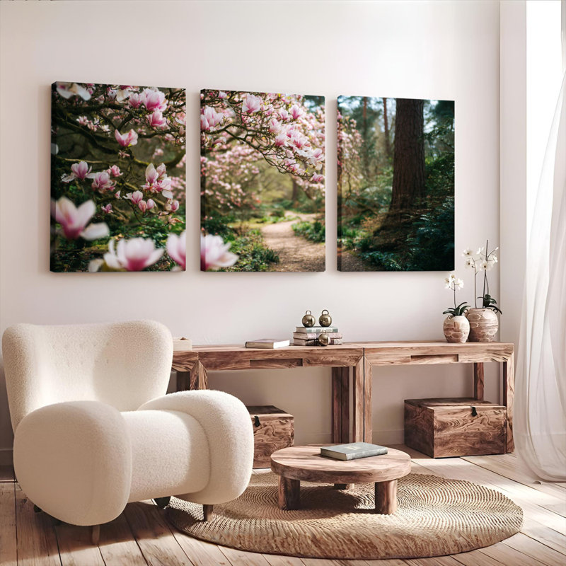 Ensemble de 3 tableaux sur toile tendue représentant un chemin de jardin en fleurs de magnolia rose, H 30 po x l 60 po