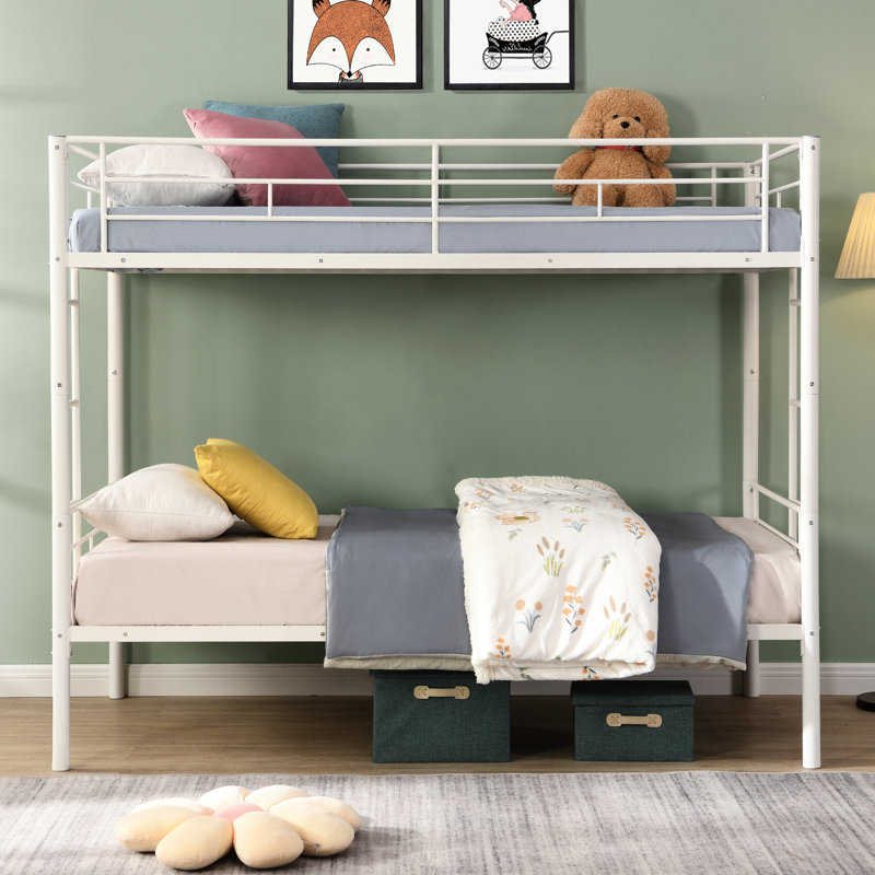 Lit superposé en métal blanc - option de chambre à coucher moderne, lit simple surdimensionné peu encombrant, fabrication en acier assurant durabilité et stabilité, zone silencieuse silencieuse, capacité de charge élevée, escalier sécuritaire