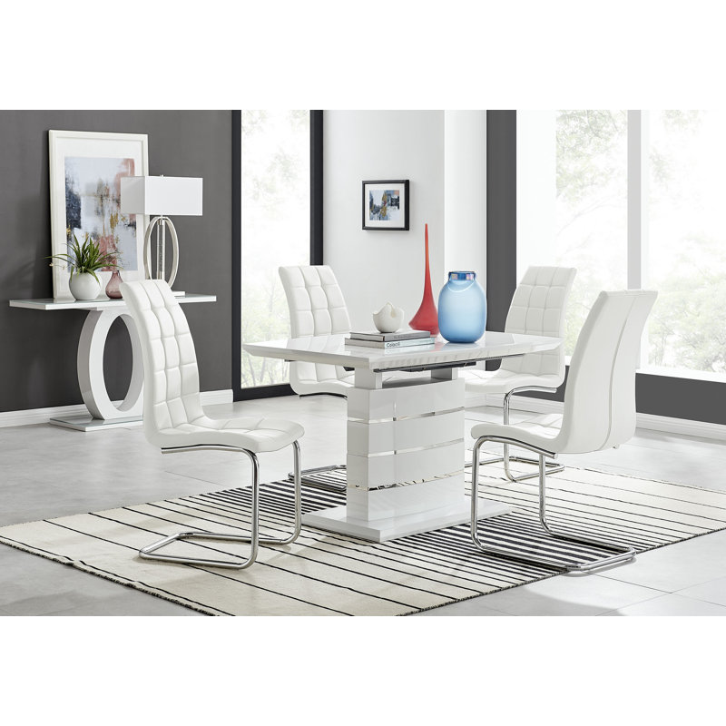 Everson High Gloss 4 Seat Extendable Dining Set with Luxury Faux Leather Upholstered Dining Chairs, White