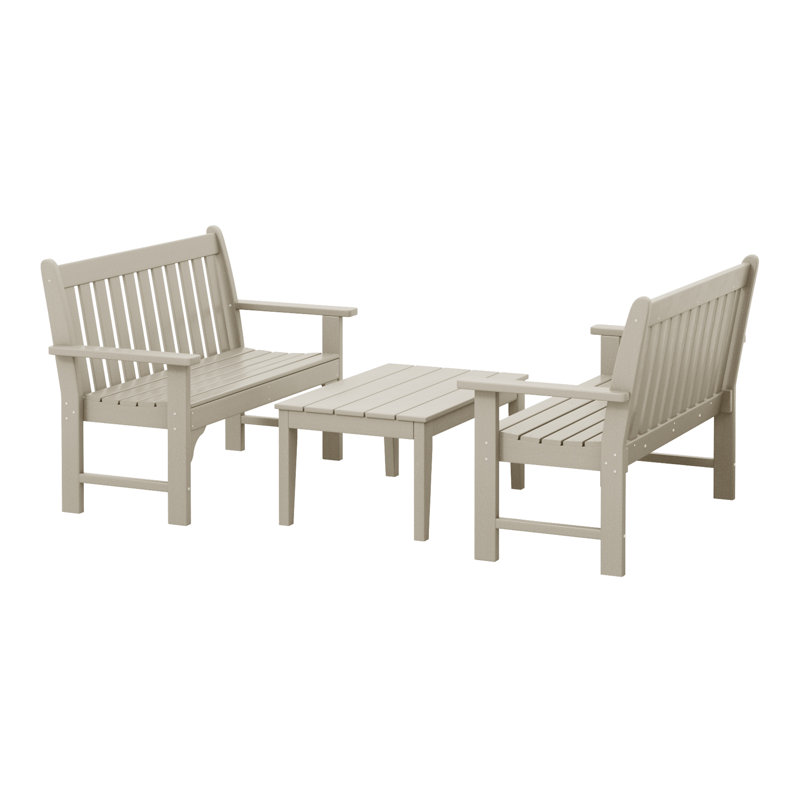 Banc 3 pièces avec table basse Poly, 3 pièces: 1 table basse, 2 bancs, Beige
