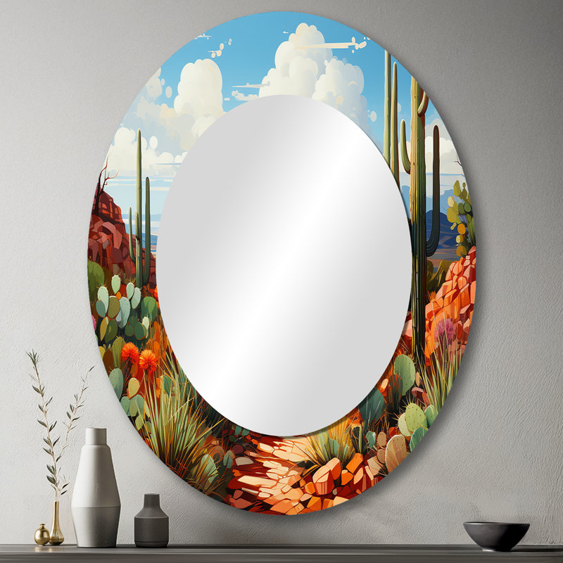 Corail vert cactus désert gardien orgue - miroir décoratif ovale floral sur métal, 43 po x 33 po