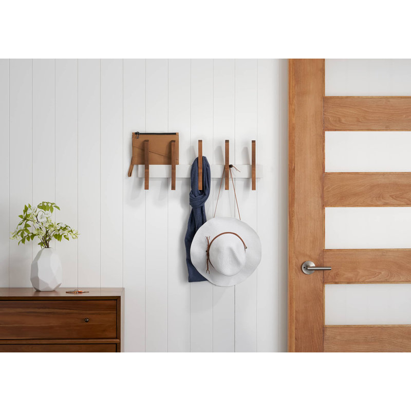 Sifford Solid Wood Wall 5 - Hook Wall Mounted Coat Rack, White/Walnut