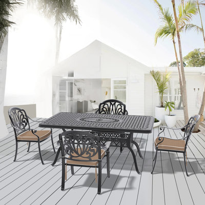 Ensemble de 5 meubles de patio en aluminium coulé avec cadre noir et coussins de siège bruns