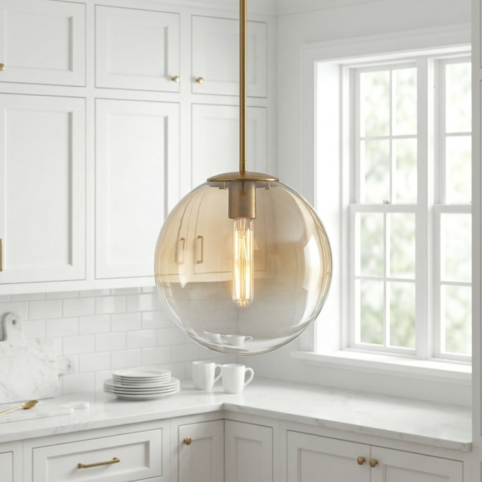 9" Glass pendany light, Brushed Gold, Clear