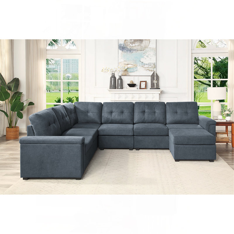 119" Grey Woven Fabric 7-Seater Sectional Sofa With Ottoman