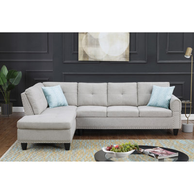 2 - Piece 98" Wide Left Hand Facing & Chaise , Gray Linen Blend L Shaped Sectional With Round Arms, Pillow Backs, Nailhead Trim, Foam Filled Cushions, Removable Back Seats Five, Comes Two Accent