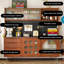 Buffet en bois massif et composite noir, fini noyer, avec comptoir en pierre-659859022