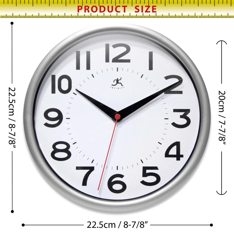 Horloge murale moderne / contemporaine ronde en plastique 9 pouces, Argent